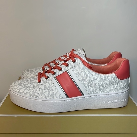 Michael Kors Poppy stripe lace up sneaker shoes bright white grapefruit color - Picture 5 of 14